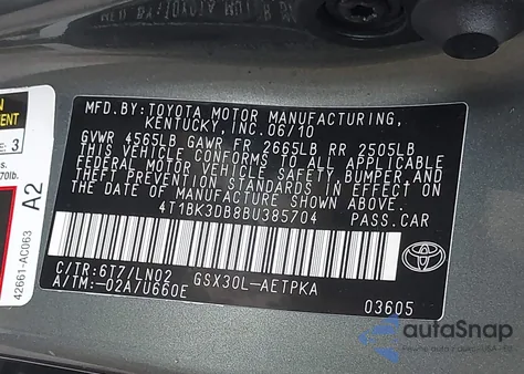 2011 Toyota Avalon Limited из США, поврежденный, VIN 4T1BK3DB8BU385704